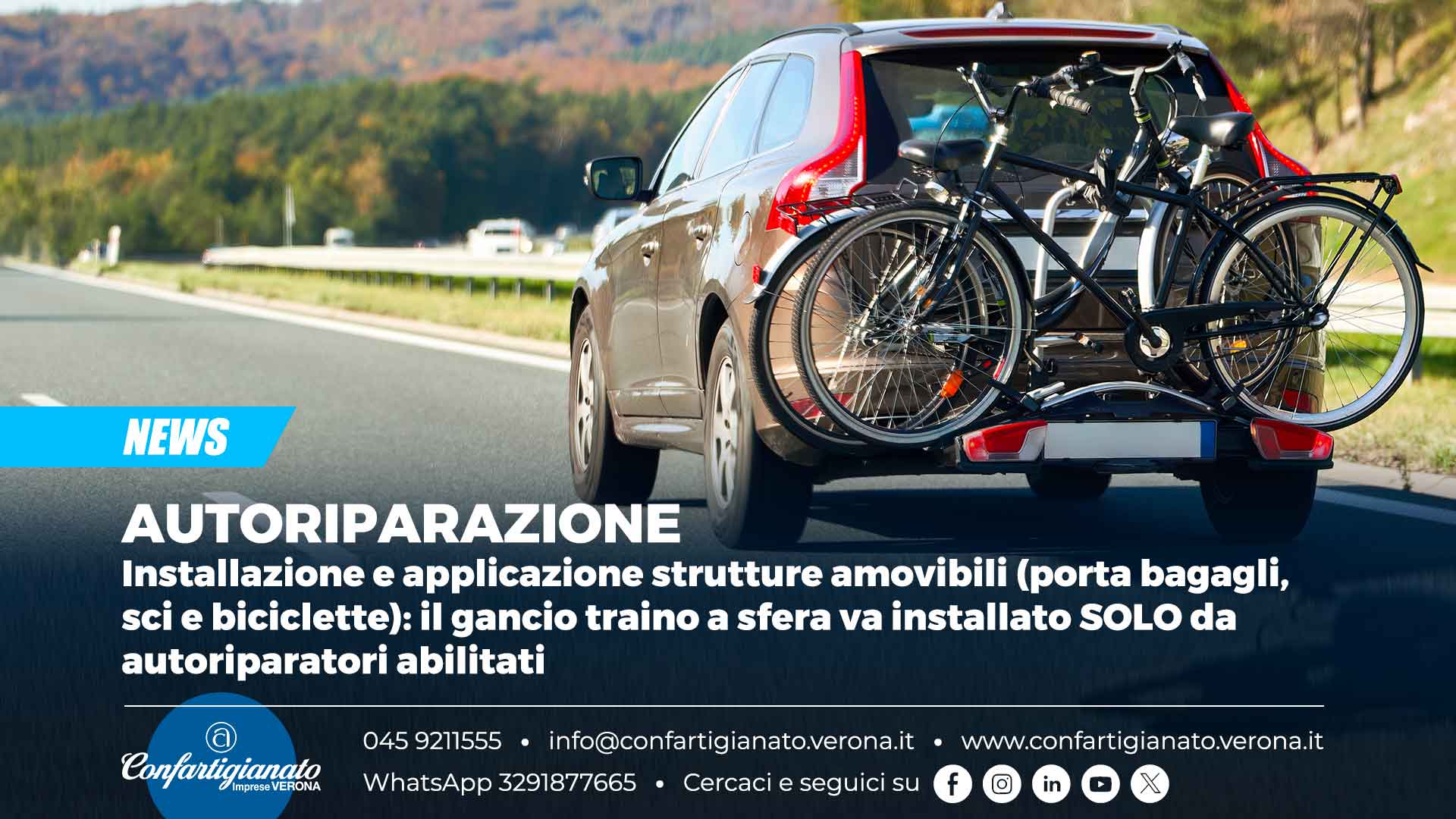 AUTORIPARAZIONE – Installazione e applicazione strutture amovibili (porta bagagli, sci e biciclette): il gancio traino a sfera va installato SOLO da autoriparatori abilitati