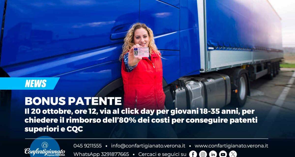 BONUS PATENTE – Il 20 ottobre, ore 12, via al click day per giovani 18-35 anni, per chiedere il rimborso dell’80% dei costi per ottenere patenti superiori e CQC