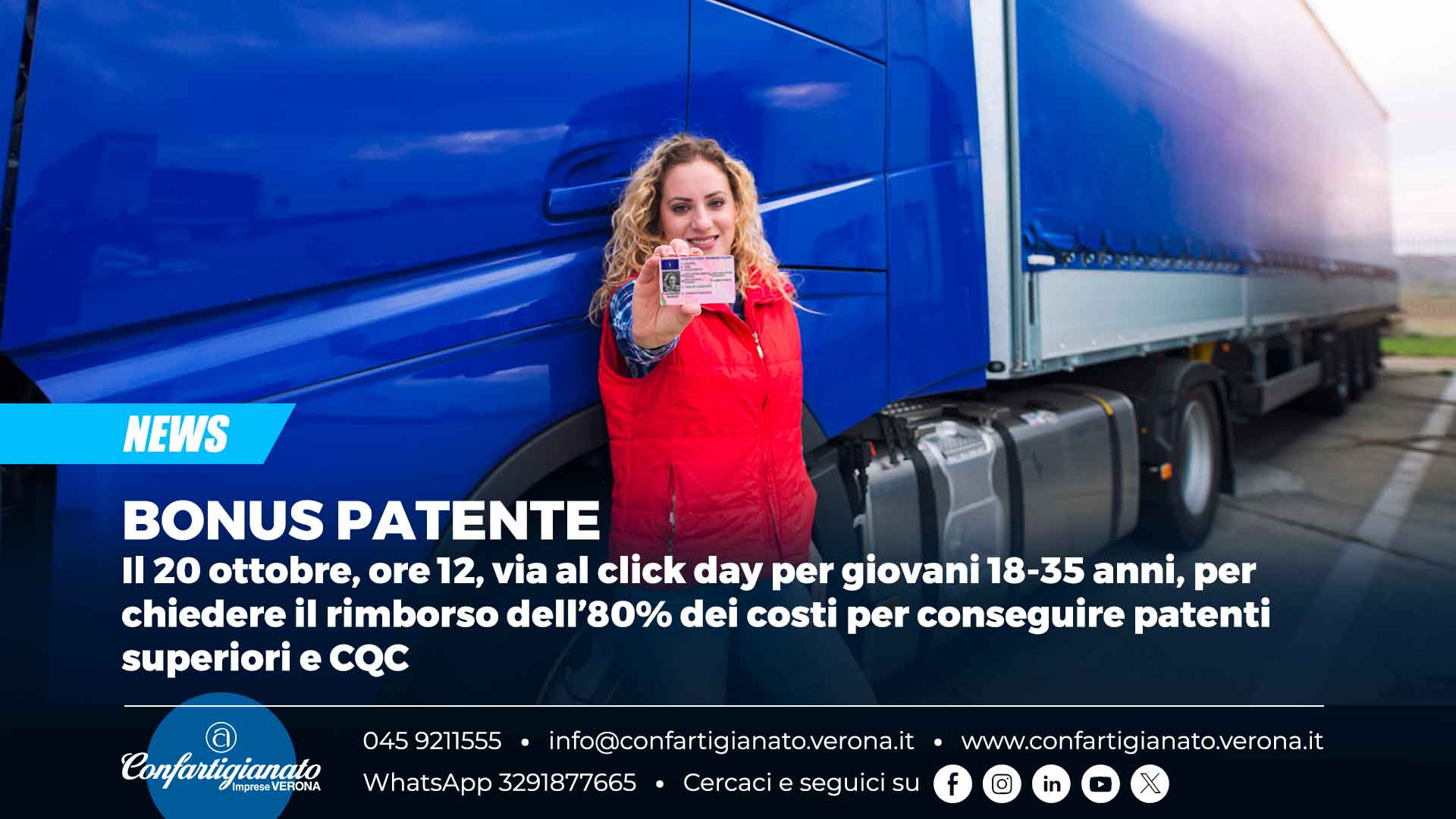 BONUS PATENTE – Il 20 ottobre, ore 12, via al click day per giovani 18-35 anni, per chiedere il rimborso dell’80% dei costi per ottenere patenti superiori e CQC