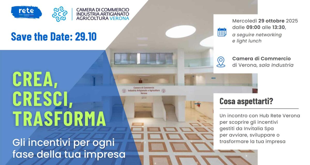 INCENTIVI – Il 29 ottobre, in Camera di Commercio, evento "Crea, Cresci, Trasforma: gli incentivi per ogni fase della tua impresa" da Invitalia