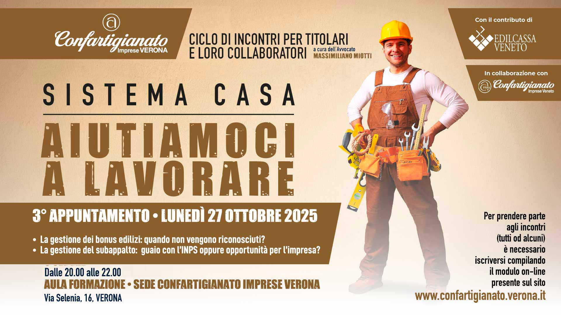 SISTEMA CASA – Lunedì 27 ottobre, terza serata “Aiutiamoci a Lavorare”: incontro su bonus edilizi e gestione dei subappalti. Iscriviti per partecipare