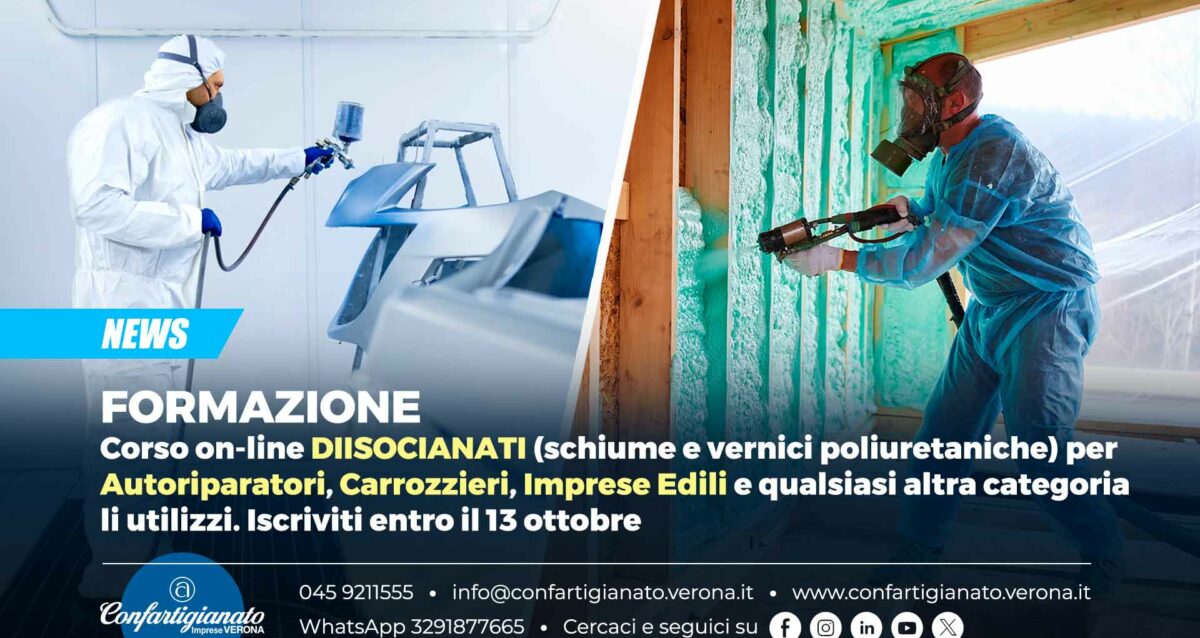 FORMAZIONE – Corso on-line DIISOCIANATI (schiume e vernici poliuretaniche) per Autoriparatori, Carrozzieri, Imprese Edili e qualsiasi altra categoria li utilizzi. Iscriviti entro il 13 ottobre