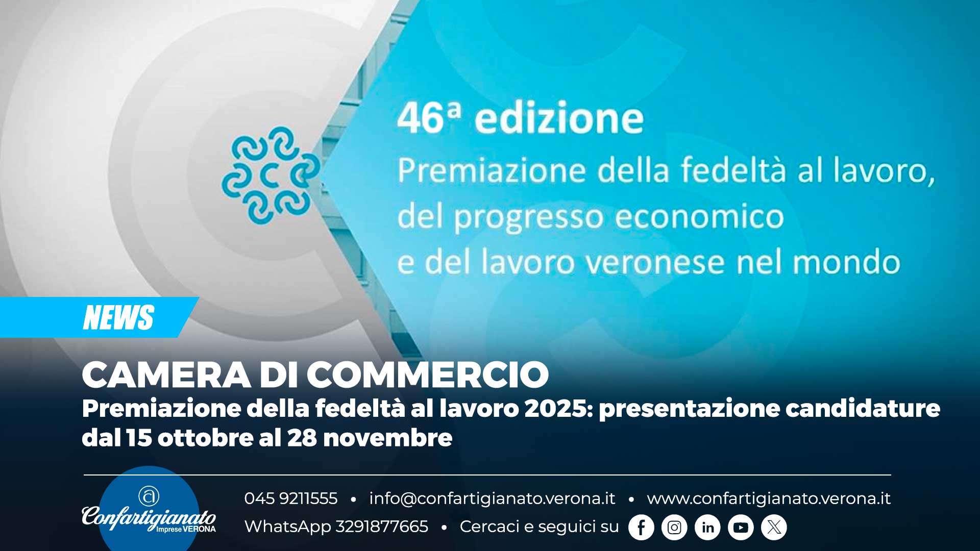 CAMERA DI COMMERCIO – Premiazione della fedeltà al lavoro 2025: presentazione candidature dal 15 ottobre al 28 novembre