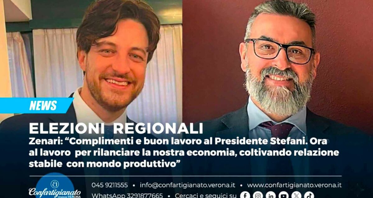 ELEZIONI REGIONALI – Zenari: “Complimenti e buon lavoro al Presidente Stefani. Ora al lavoro per rilanciare la nostra economia, coltivando relazione stabile con mondo produttivo”