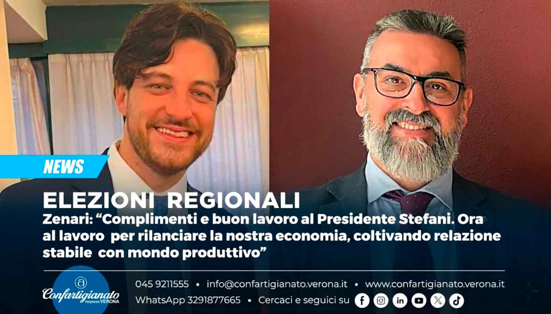 ELEZIONI REGIONALI – Zenari: “Complimenti e buon lavoro al Presidente Stefani. Ora al lavoro per rilanciare la nostra economia, coltivando relazione stabile con mondo produttivo”
