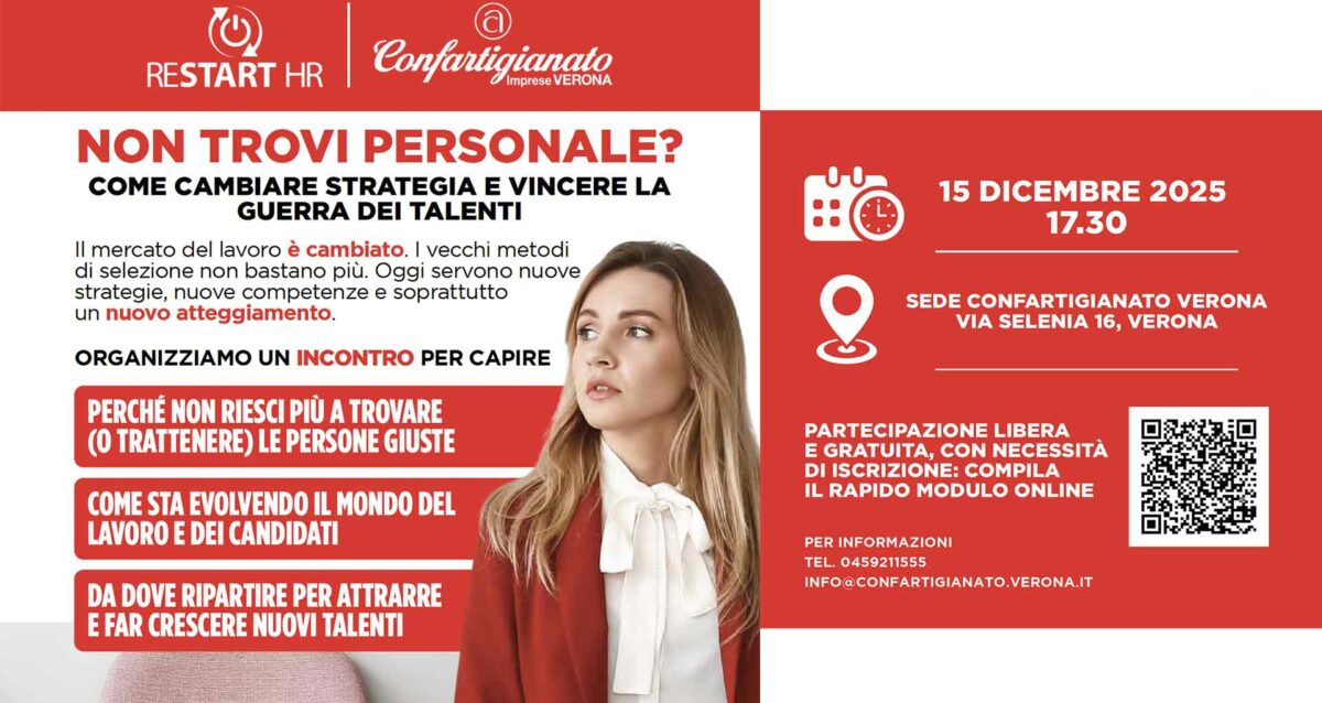 RICERCA PERSONALE – Lunedì 15 dicembre, incontro per presentare la collaborazione e i nuovi servizi di Restart HR per la ricerca e gestione di personale