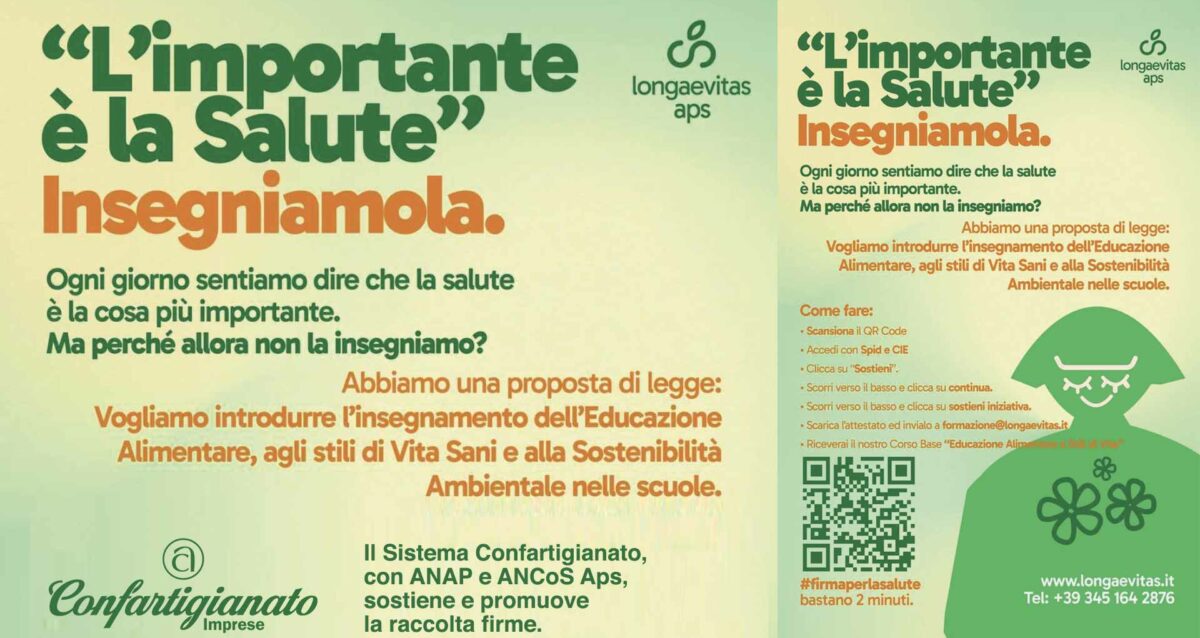 SOCIALE – Confartigianato, Anap e Ancos promuovono la raccolta firme di Longaevitas Aps per introdurre l’educazione alimentare e ambientale nelle scuole