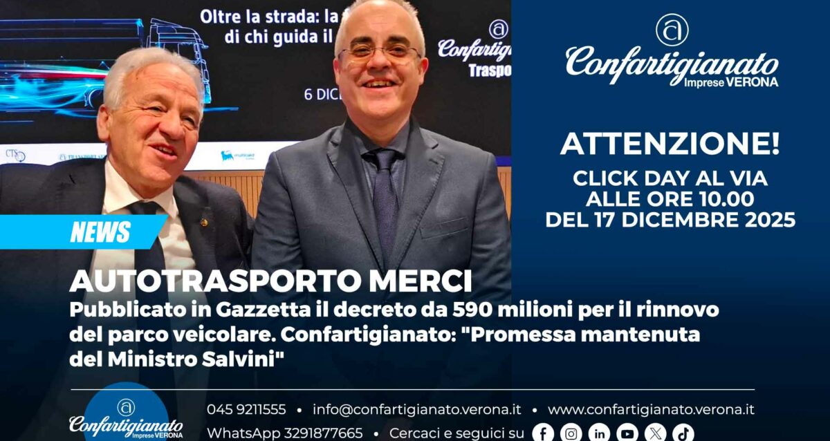 AUTOTRASPORTO MERCI – Pubblicato in Gazzetta il decreto da 590 milioni per il rinnovo del parco veicolare. Confartigianato: "Promessa mantenuta del Ministro Salvini". Via al click day il 17 dicembre