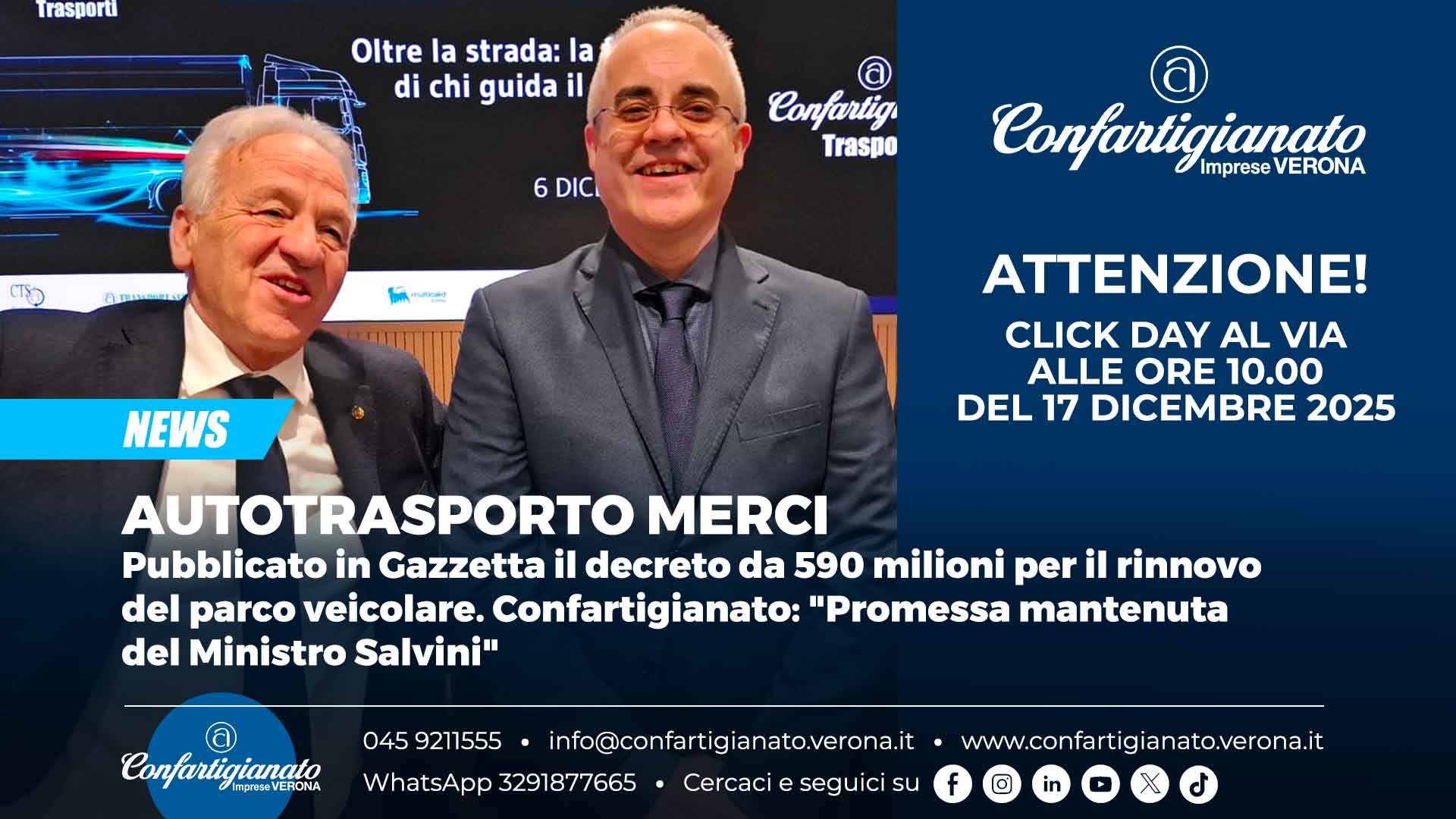 AUTOTRASPORTO MERCI – Pubblicato in Gazzetta il decreto da 590 milioni per il rinnovo del parco veicolare. Confartigianato: "Promessa mantenuta del Ministro Salvini". Via al click day il 17 dicembre