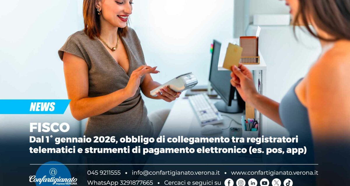 FISCO – Dal 1° gennaio 2026, obbligo di collegamento tra registratori telematici e strumenti di pagamento elettronico (es. pos, app)