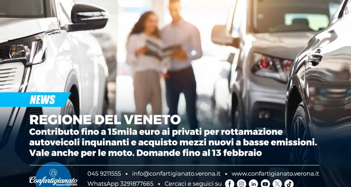 REGIONE DEL VENETO – Contributo fino a 15mila euro ai privati per rottamazione autoveicoli inquinanti e acquisto mezzi nuovi a basse emissioni. Vale anche per le moto. Domande fino al 13 febbraio