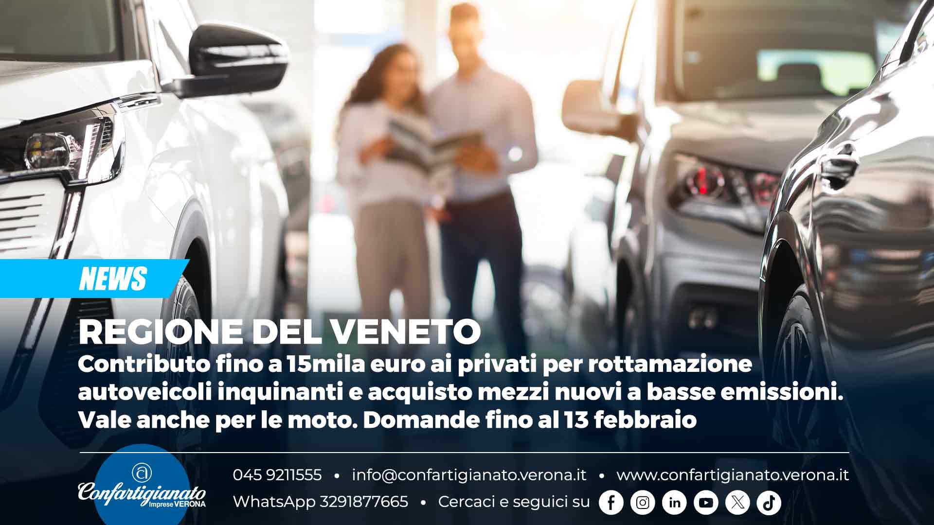 REGIONE DEL VENETO – Contributo fino a 15mila euro ai privati per rottamazione autoveicoli inquinanti e acquisto mezzi nuovi a basse emissioni. Vale anche per le moto. Domande fino al 13 febbraio