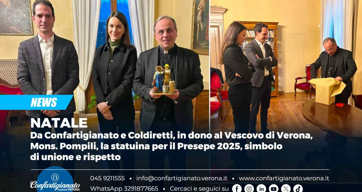 NATALE – Da Confartigianato e Coldiretti, in dono al Vescovo di Verona, Mons. Pompili, la statuina per il Presepe 2025, simbolo di unione e rispetto