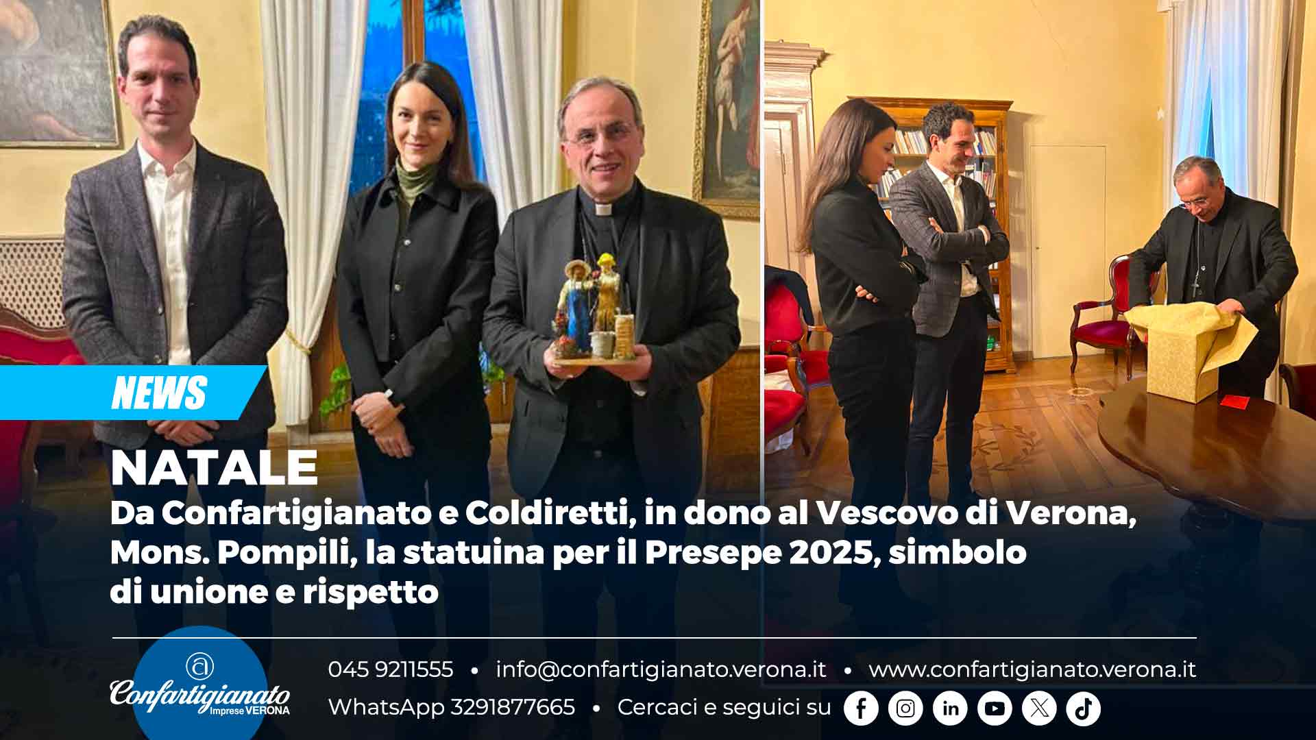 NATALE – Da Confartigianato e Coldiretti, in dono al Vescovo di Verona, Mons. Pompili, la statuina per il Presepe 2025, simbolo di unione e rispetto