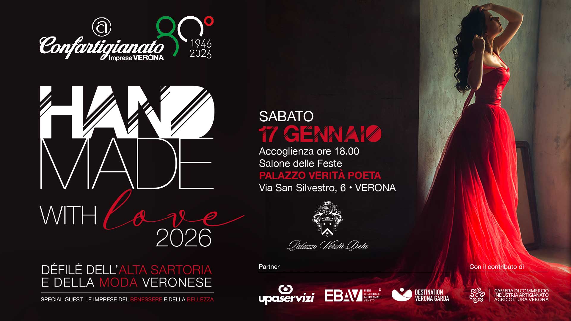 MODA e BENESSERE – “Handmade with Love 2026”, sabato 17 gennaio, a Palazzo Verità Poeta, défilé dell’alta sartoria e della bellezza made in Verona