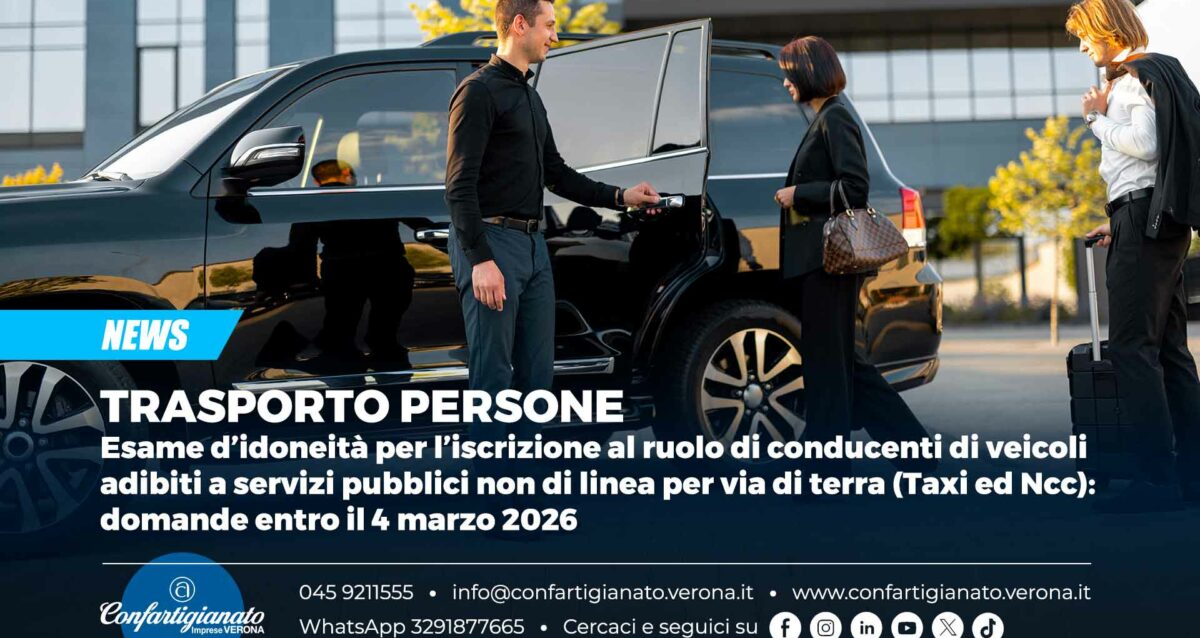 TRASPORTO PERSONE – Esame d’idoneità per l’iscrizione al ruolo di conducenti di veicoli adibiti a servizi pubblici non di linea per via di terra (Taxi ed Ncc): domande entro il 4 marzo 2026