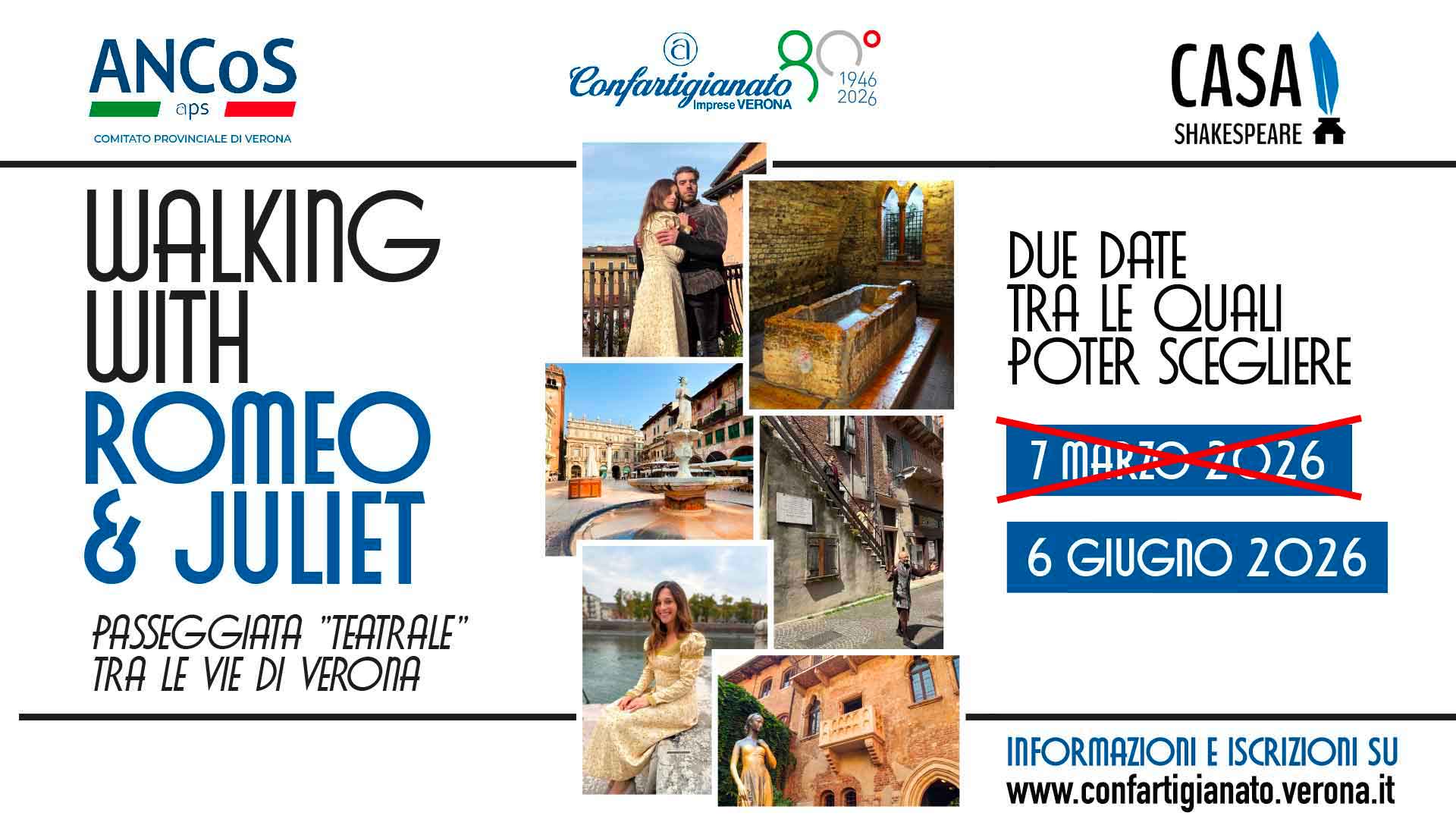 (Aggiornamento) ANCOS – "Walking with Romeo & Juliet": passeggiata "teatrale" tra i luoghi shakespeariani di Verona. La seconda uscita il 6 giugno