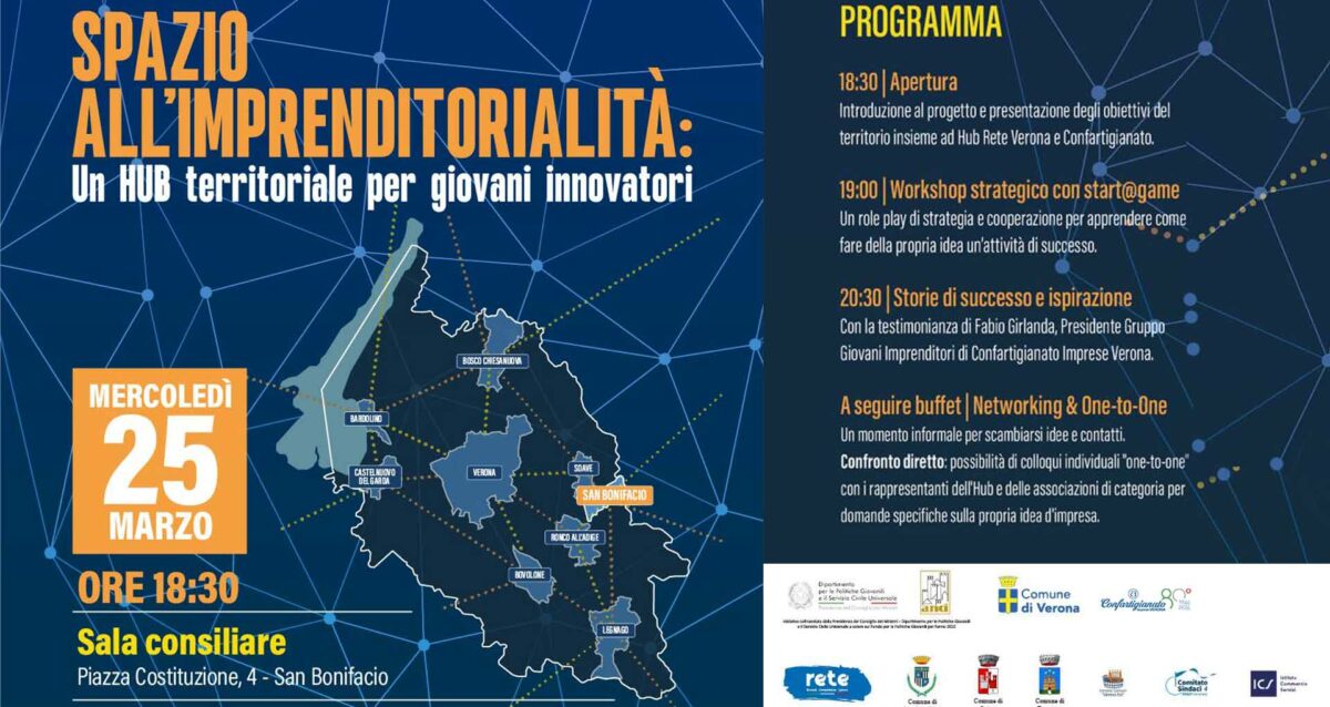 GIOVANI IMPRENDITORI – Il progetto “Spazio all’imprenditorialità - Un hub territoriale per giovani innovatori” fa tappa a San Bonifacio, il 25 marzo in Sala Consiliare