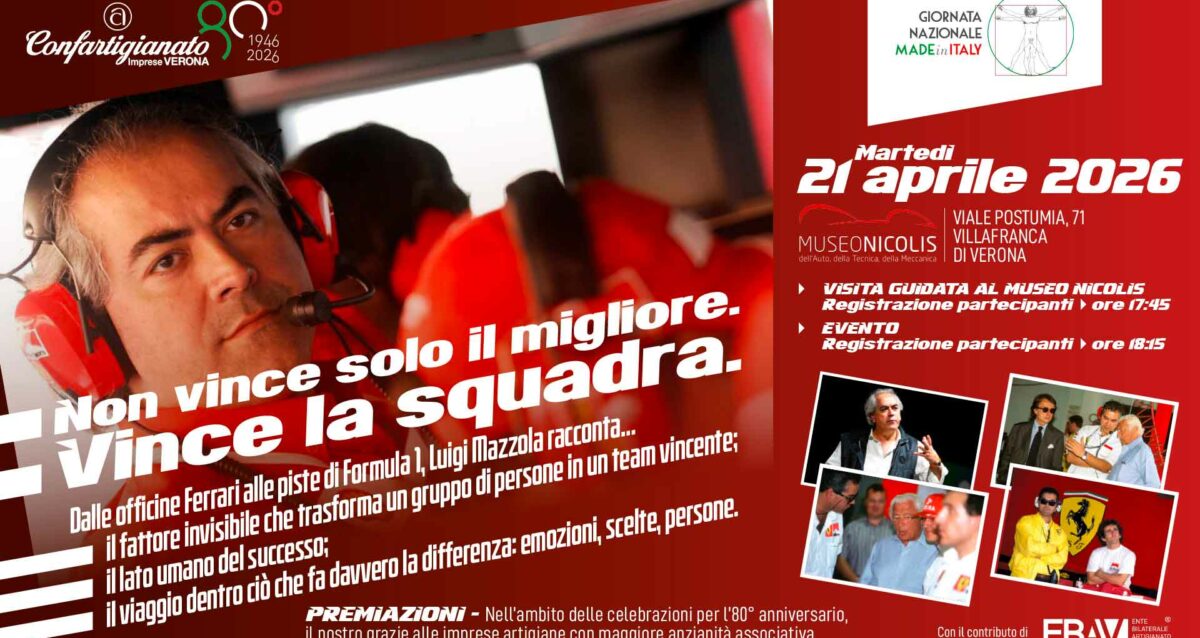 OTTANTESIMO – “Non vince solo il migliore. Vince la squadra!”: il 21 aprile, al Museo Nicolis, evento con l'ex dirigente di Formula 1 e Ferrari, Luigi Mazzola. Premiazioni imprese con maggiore anzianità associativa