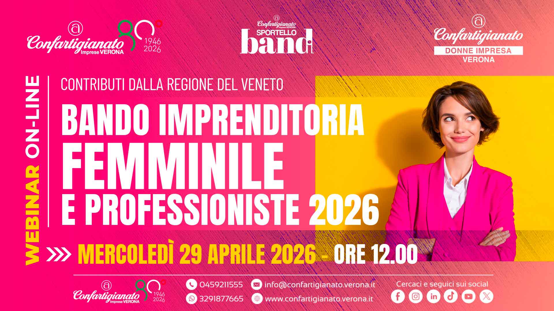 BANDO IMPRESE FEMMINILI – Dalla Regione contributi per sostegno imprenditoria femminile anno 2026: il 29 aprile un webinar di approfondimento. Iscriviti per partecipare