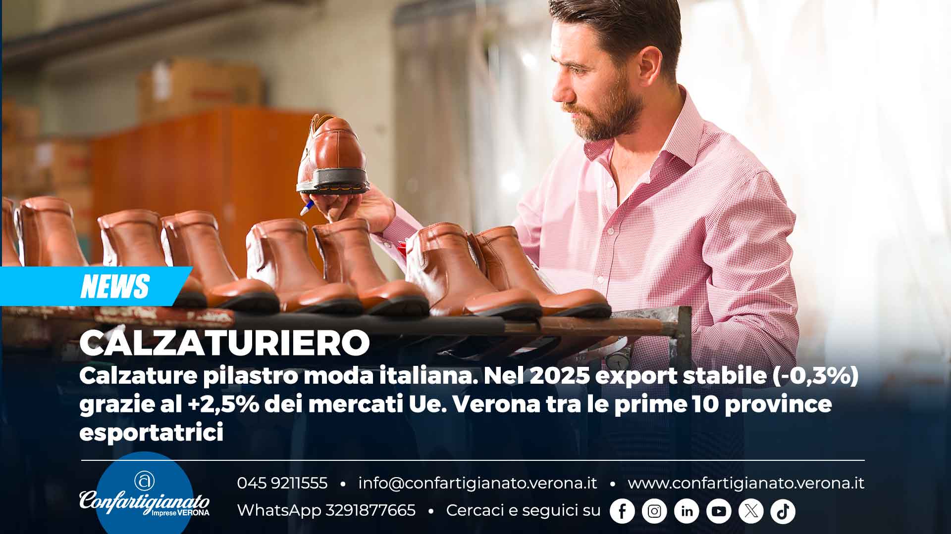 CALZATURIERO - Calzature pilastro moda italiana. Nel 2025 export stabile (-0,3%) grazie al +2,5% dei mercati Ue. Verona tra le prime 10 province esportatrici