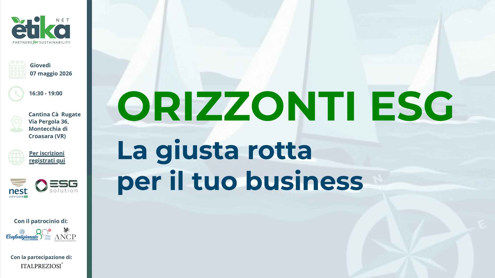 EVENTO SOSTENIBILITÀ – Il 4 maggio, alla Cantina Ca' Rugate di Montecchia, "Orizzonti ESG - La giusta rotta per il tuo business". Iscriviti per partecipare