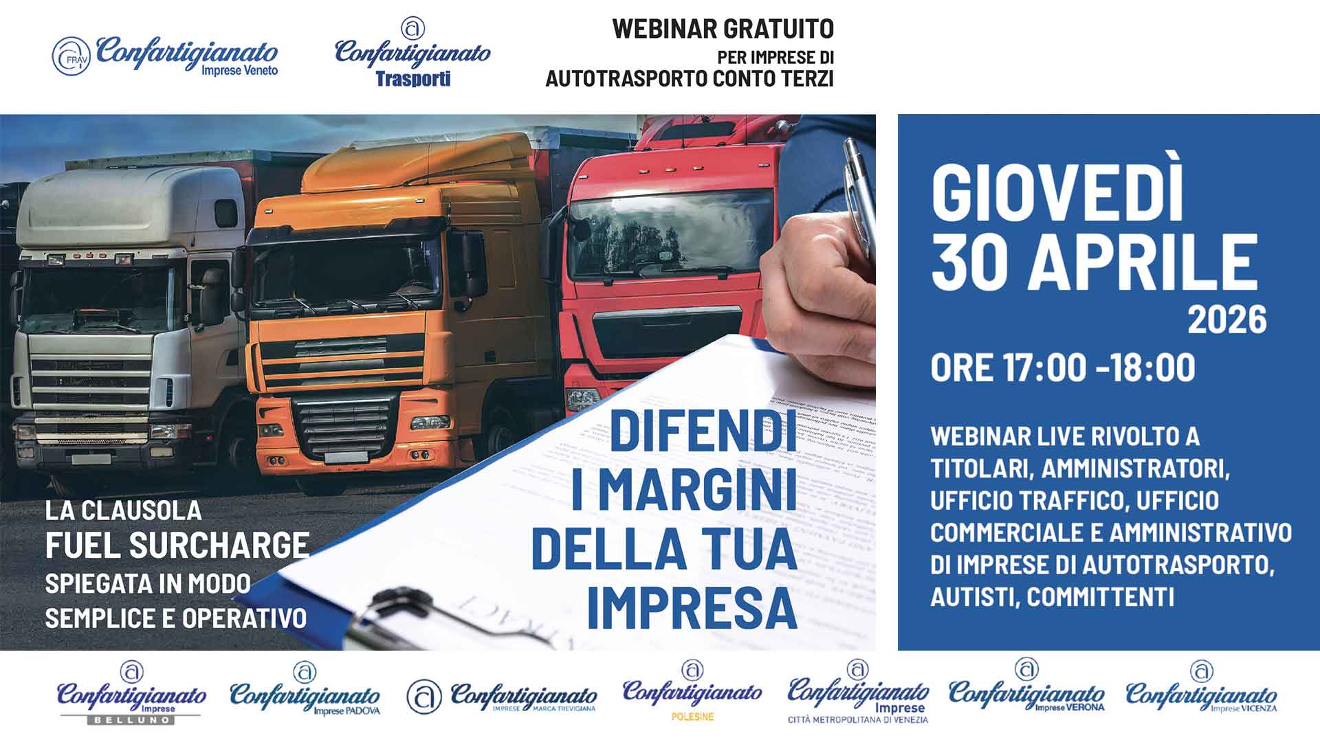 AUTOTRASPORTO – Il 30 aprile, partecipa al webinar: "Difendi i margini della tua impresa". La clausola "fuel surcharge" spiegata in modo semplice ed operativo