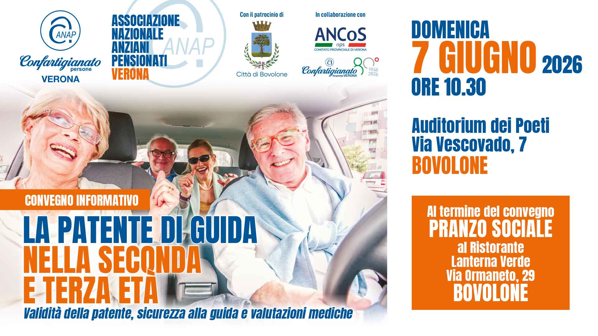 ANAP VERONA – Domenica 7 giugno, a Bovolone, convegno sulla patente di guida nella seconda e terza età (validità, sicurezza e valutazioni mediche) e pranzo sociale