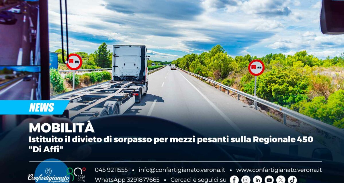 MOBILITÀ – Istituito il divieto di sorpasso per mezzi pesanti sulla Regionale 450 "Di Affi"