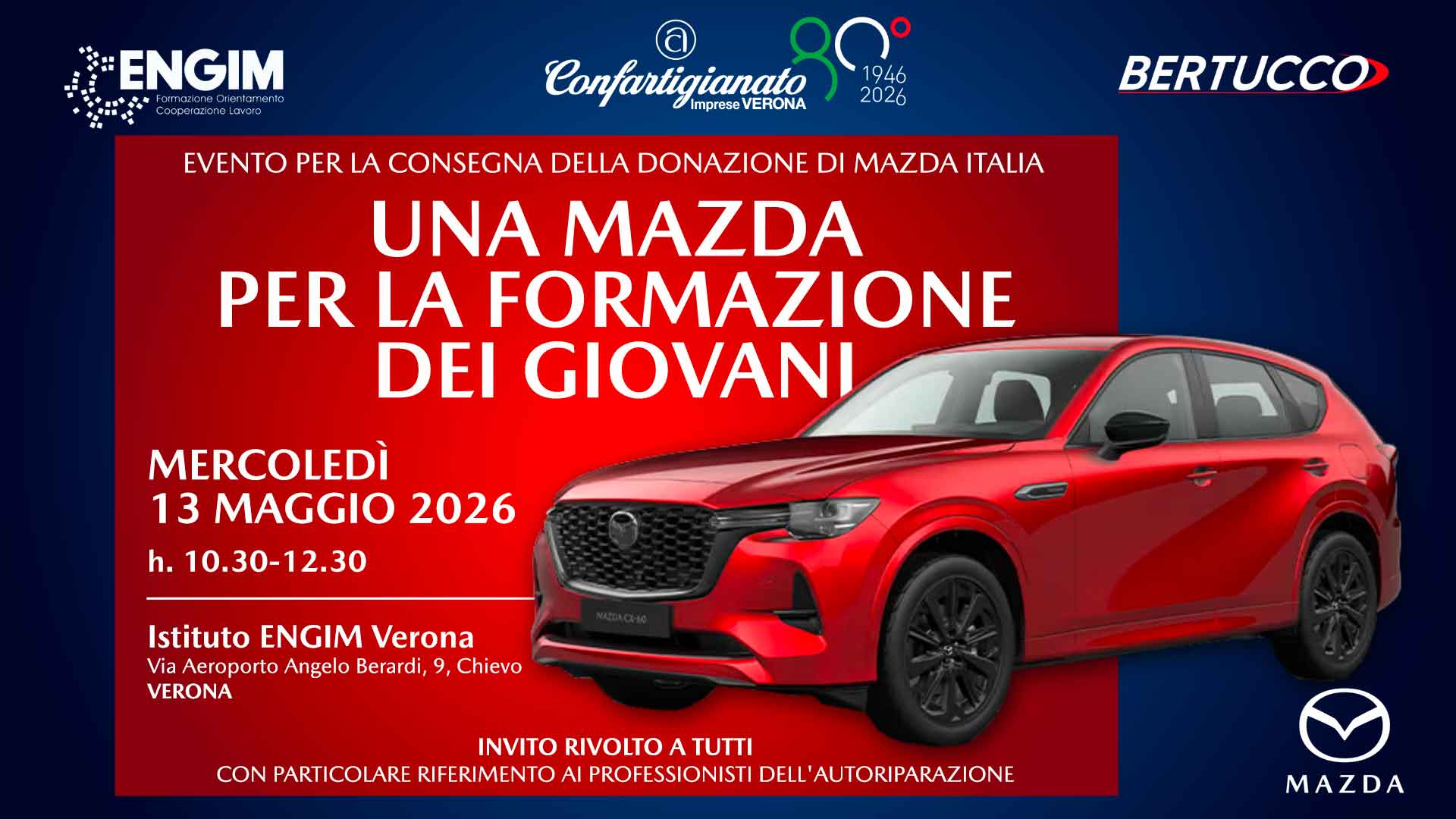 AUTORIPARAZIONE – Una Mazda in dono per la formazione dei giovani: il 13 maggio, evento per la consegna di una vettura all'Istituto ENGIM di Verona. Non mancare!