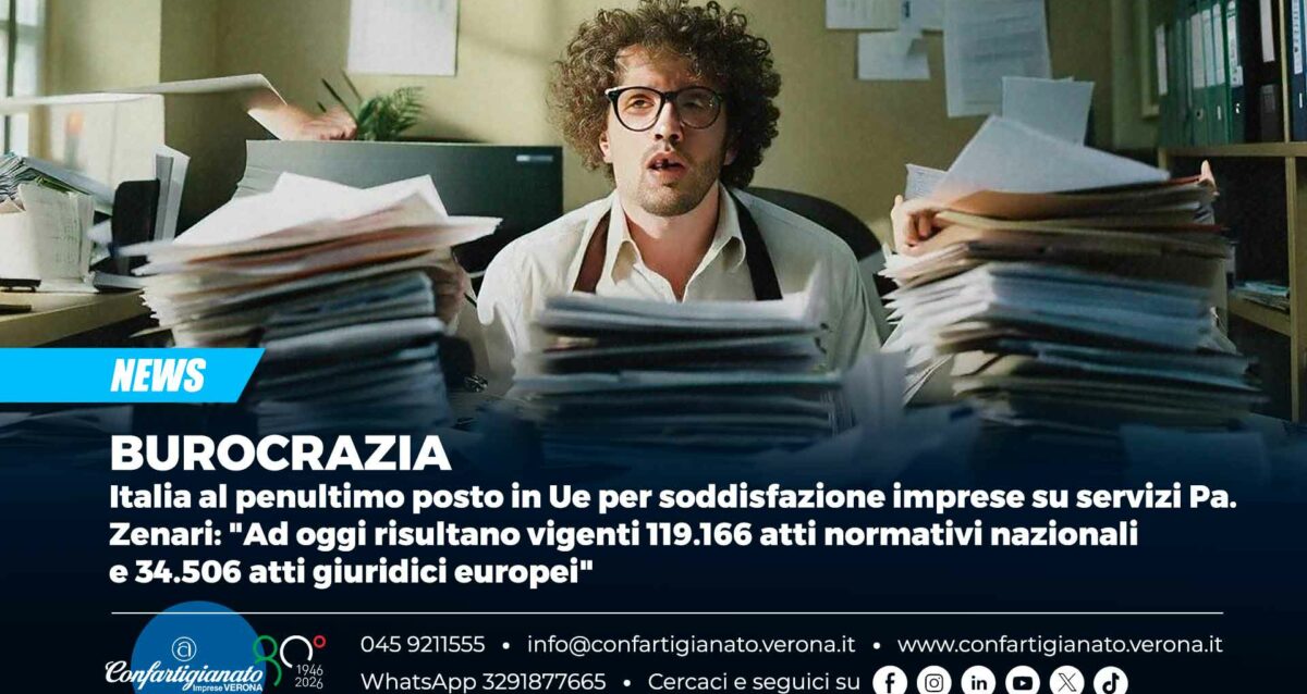 BUROCRAZIA – Italia al penultimo posto in Ue per soddisfazione imprese su servizi Pa. Zenari: "Ad oggi risultano vigenti 119.166 atti normativi e 34.506 atti giuridici europei"