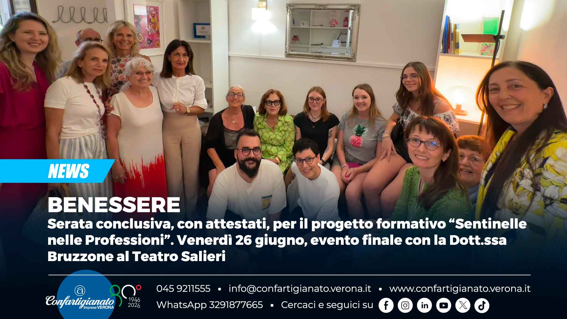 BENESSERE – Serata conclusiva, con attestati, per il progetto formativo “Sentinelle nelle Professioni”. Venerdì 26 giugno, evento finale con la Dott.ssa Bruzzone al Teatro Salieri