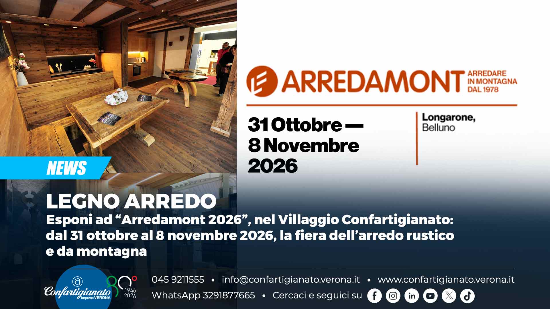 LEGNO ARREDO – Esponi ad “Arredamont 2026”, nel Villaggio Confartigianato: dal 31 ottobre al 8 novembre 2026, la fiera dell’arredo rustico e da montagna