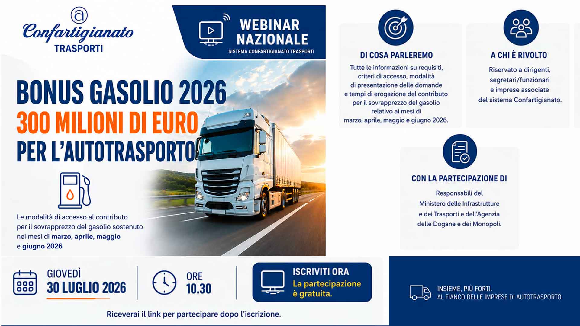 AUTOTRASPORTO – Giovedì 30 luglio, webinar nazionale: Bonus Gasolio 2026 – Modalità di accesso ai 300 milioni di euro per l'Autotrasporto