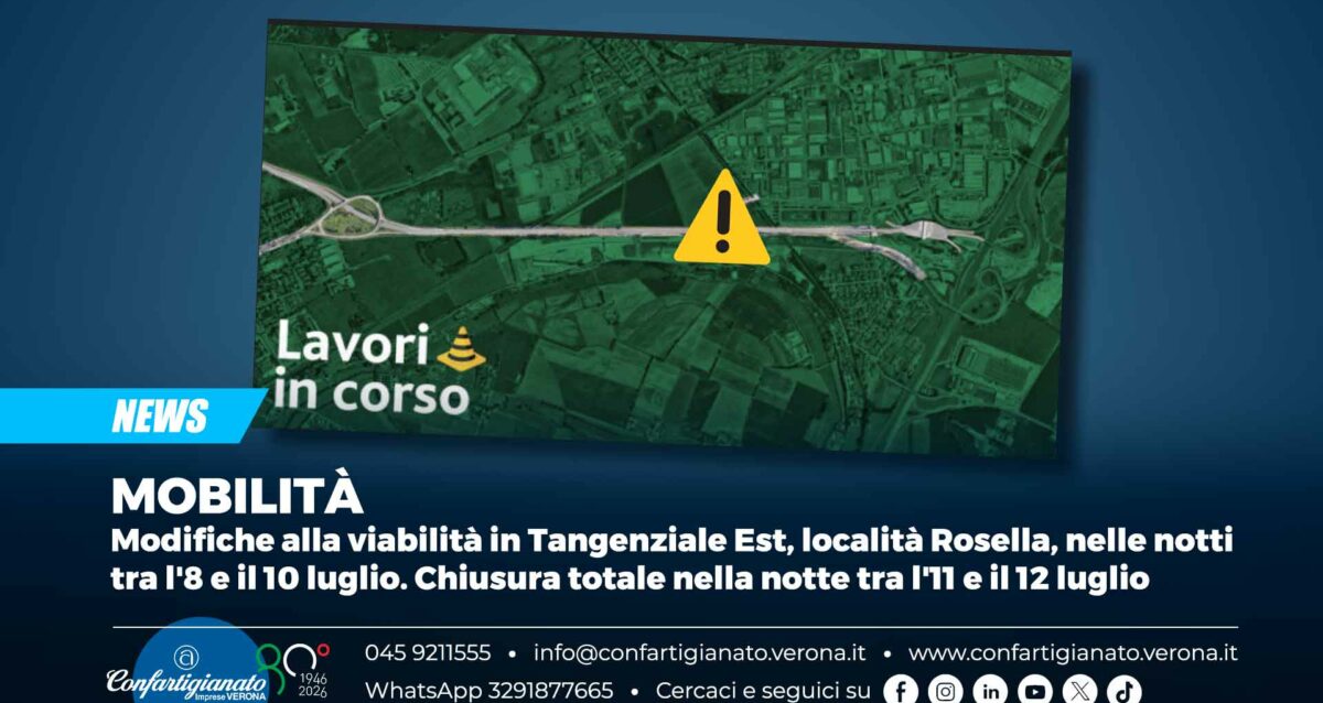 MOBILITÀ – Modifiche alla viabilità in Tangenziale Est, località Rosella, nelle notti tra l'8 e il 10 luglio. Chiusura totale nella notte tra l'11 e il 12 luglio