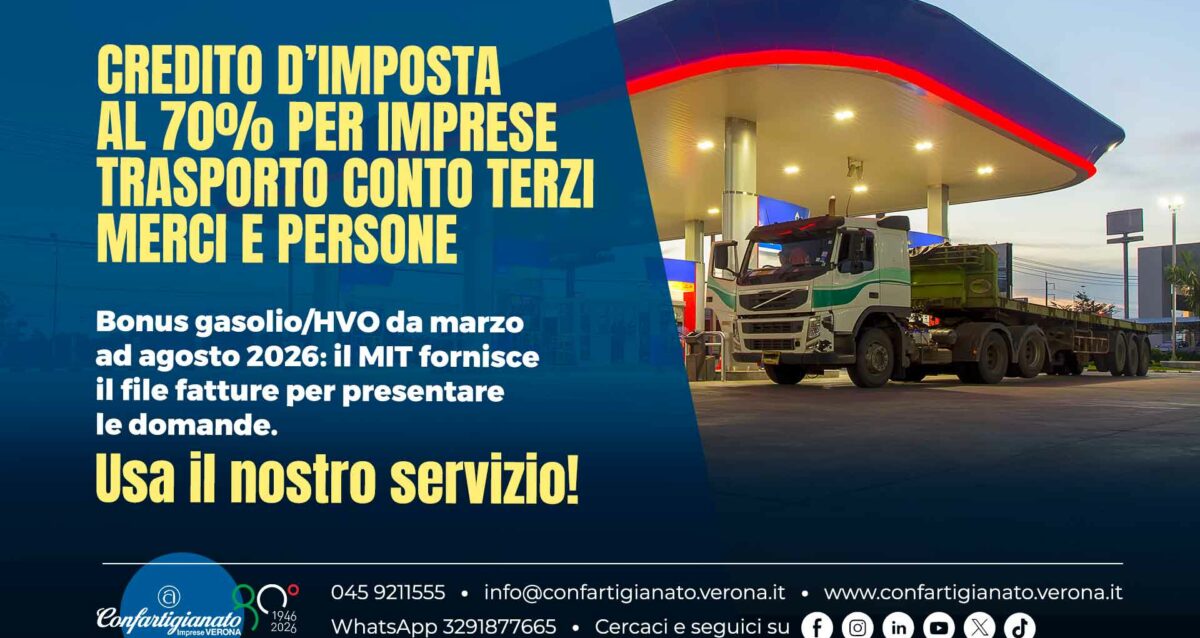 TRASPORTO CONTO TERZI MERCI E PERSONE – Bonus gasolio/HVO (credito d'imposta) da marzo ad agosto 2026: il MIT fornisce il file fatture per la presentare le domande. Usa il nostro servizio!
