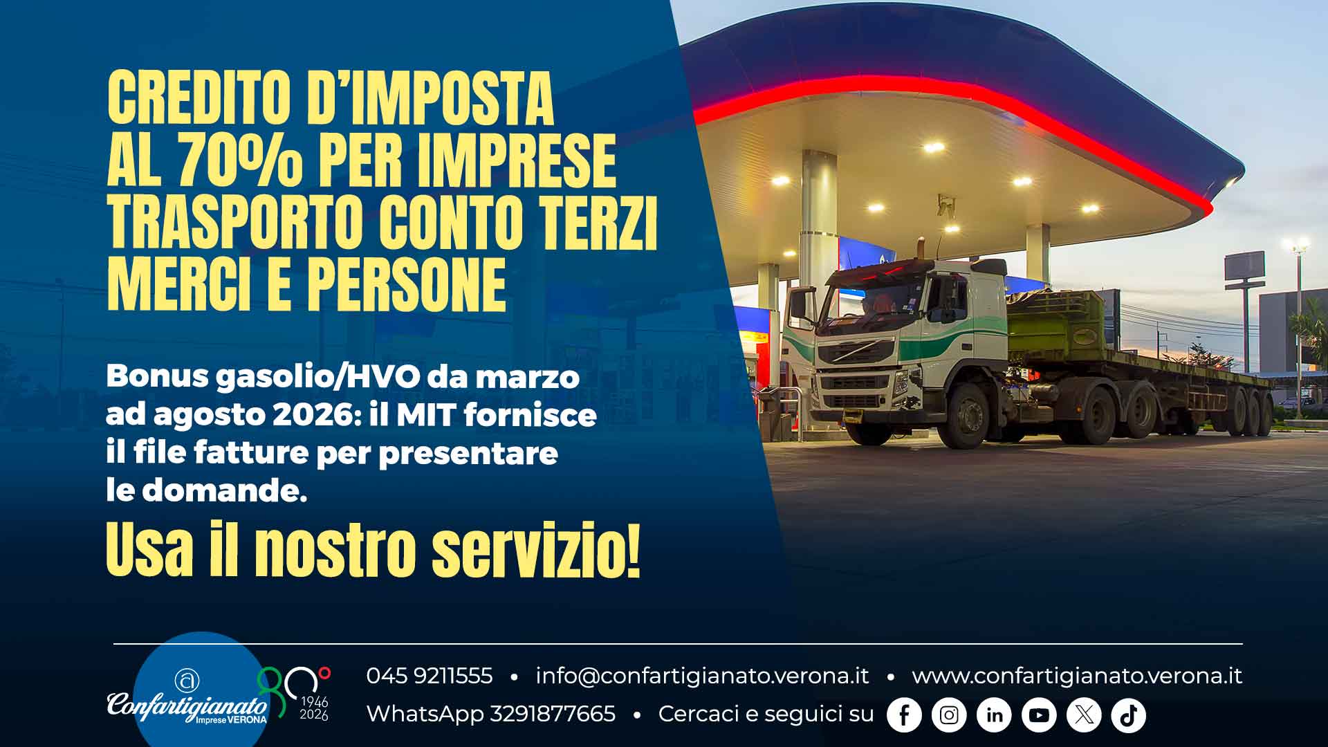 TRASPORTO CONTO TERZI MERCI E PERSONE – Bonus gasolio/HVO (credito d'imposta) da marzo ad agosto 2026: il MIT fornisce il file fatture per la presentare le domande. Usa il nostro servizio!