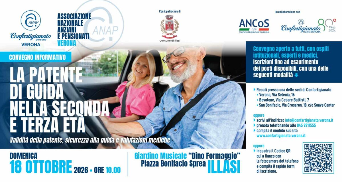 ANAP – Domenica 18 ottobre, ad Illasi, convegno sulla patente di guida nella seconda e terza età (validità, sicurezza e valutazioni mediche) e pranzo sociale