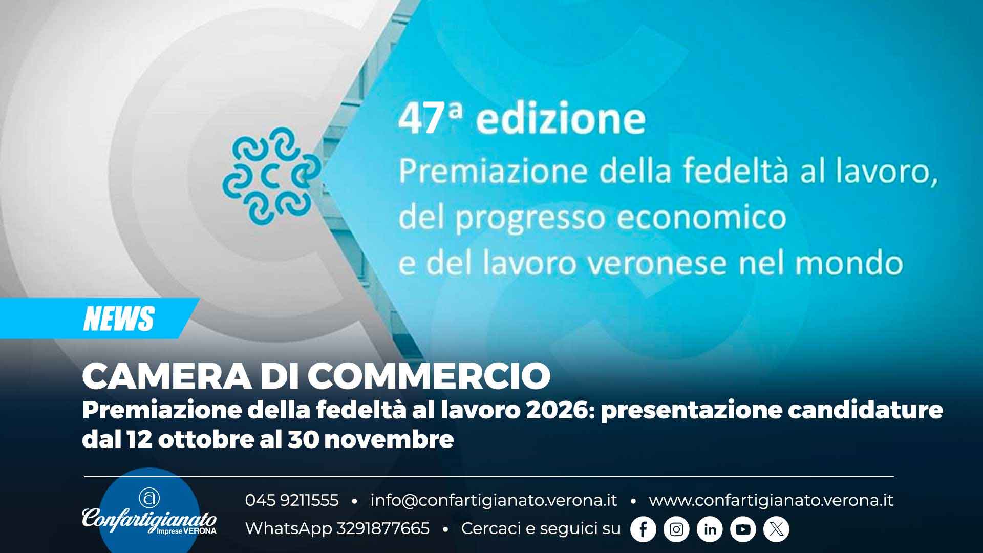 CAMERA DI COMMERCIO – 47ª Premiazione della Fedeltà al Lavoro 2026: presentazione delle candidature dal 12 ottobre al 30 novembre