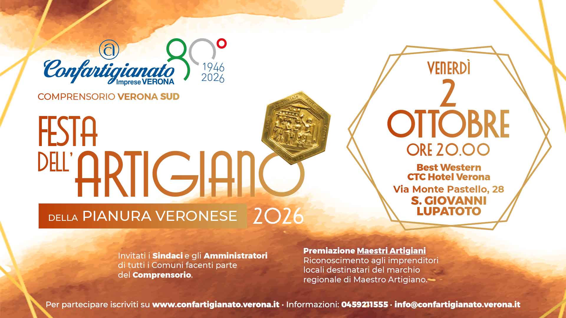 VERONA SUD – Il 2 ottobre, a San Giovanni Lupatoto, Festa dell’Artigiano della Pianura Veronese: invitati i sindaci e premiazione dei Maestri Artigiani. Prenota il tuo posto!