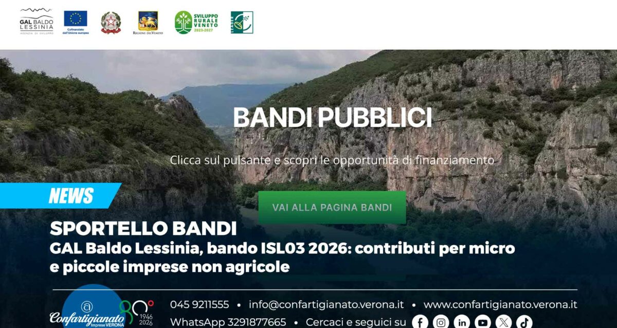 SPORTELLO BANDI – GAL Baldo Lessinia, bando ISL03 2026: contributi per micro e piccole imprese non agricole