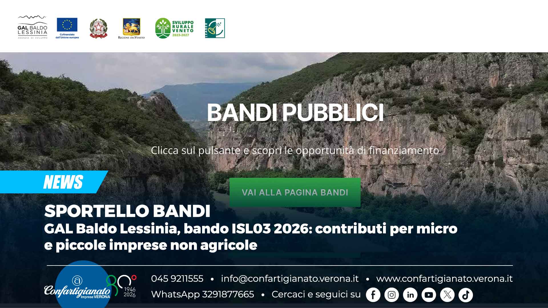 SPORTELLO BANDI – GAL Baldo Lessinia, bando ISL03 2026: contributi per micro e piccole imprese non agricole