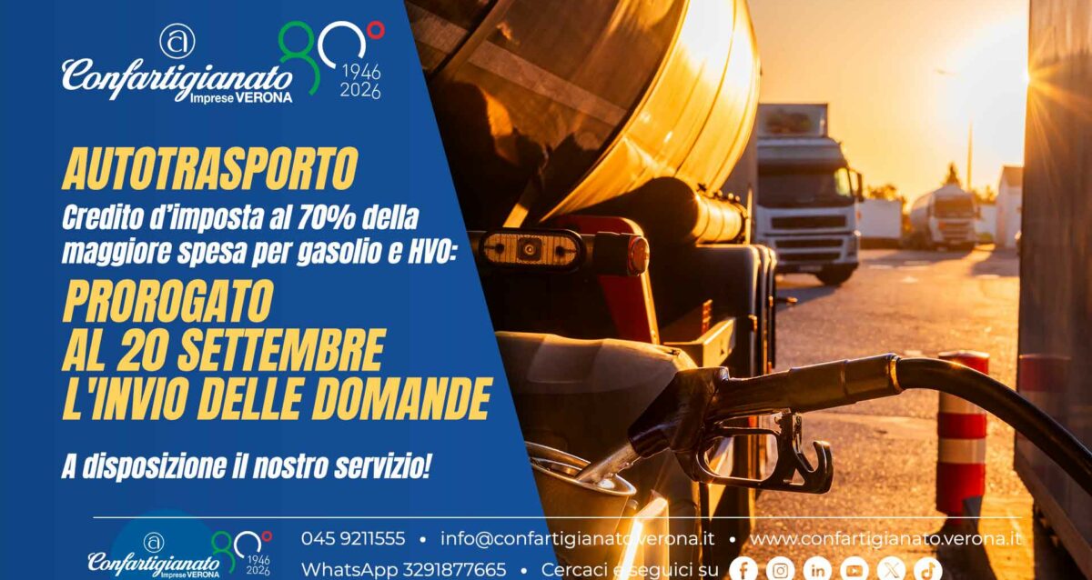 AUTOTRASPORTO – Credito imposta al 70% della maggiore spesa per gasolio e HVO: prorogato al 20 settembre l'invio delle domande. A disposizione il nostro servizio