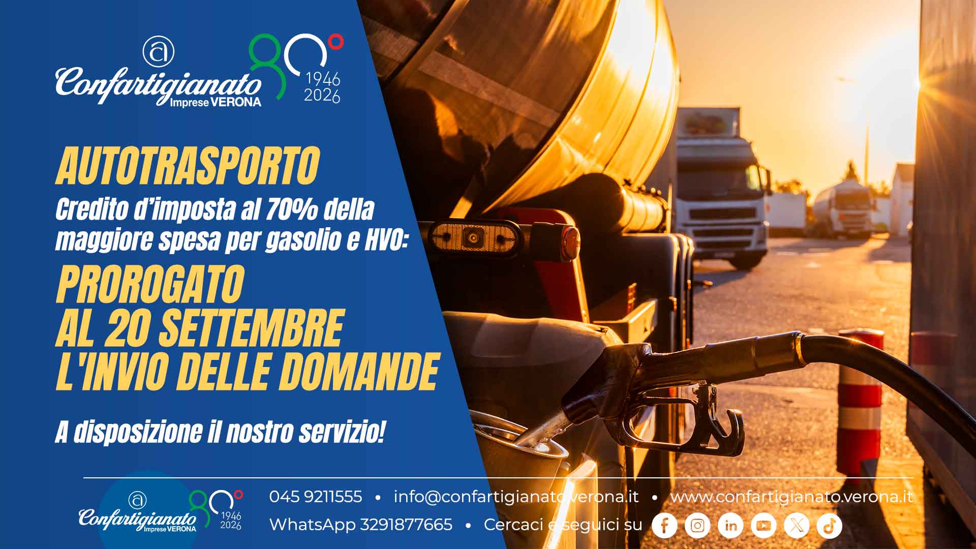 AUTOTRASPORTO – Credito imposta al 70% della maggiore spesa per gasolio e HVO: prorogato al 20 settembre l'invio delle domande. A disposizione il nostro servizio