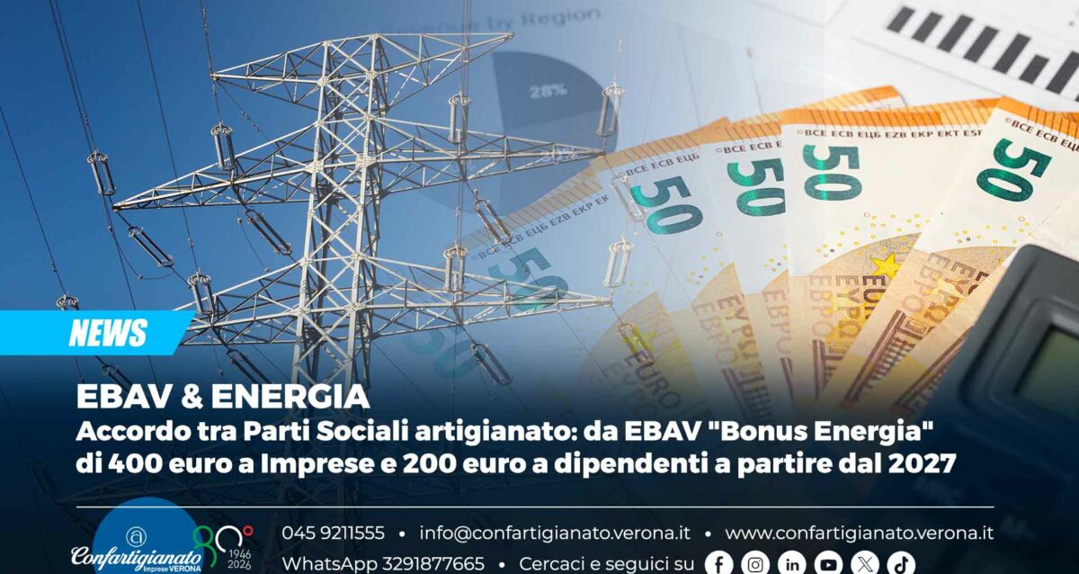 EBAV – Accordo tra Parti Sociali artigianato: da EBAV "Bonus Energia" di 400 euro a Imprese e 200 euro a dipendenti a partire dal 2027