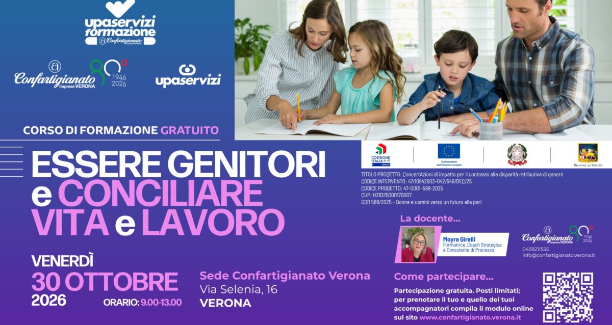 CORSO FORMAZIONE – Essere genitori e conciliare vita e lavoro: venerdì 30 ottobre, corso gratuito su equilibrio tra lavoro, famiglia, coppia e tempo per sé